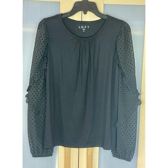 LOFT Ann Taylor Velvet Dot Ruffles Top Sz M Blouse Black Boho Casual Party Goth - Picture 3 of 7